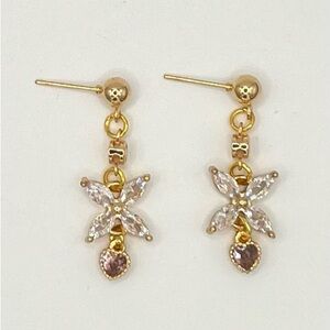 Gold Floral Crystal Dangle Earrings with Pink Heart Accent
